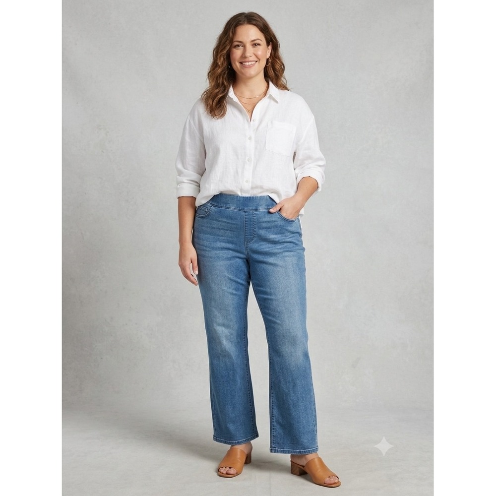 Soft Surroundings Womens Pull On Boot Cut Jeans Medium Wash Blue Stretch L